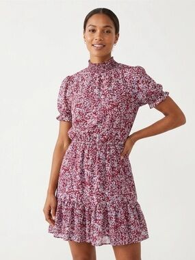 Midnight Doll, Smocked Mock-Neck Floral Mini Dress in Burgundy - S